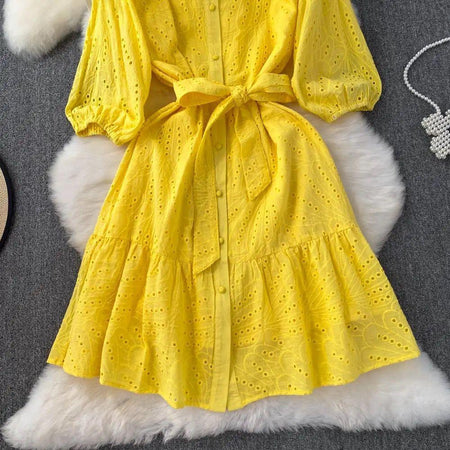Paula Cotton Eyelet Midi Dress - flat-lay product shot, yellow - Miss Mosa By Akanksha
