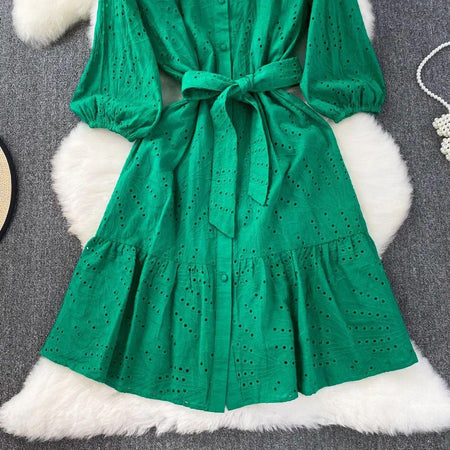 Paula Cotton Eyelet Midi Dress - styled flat-lay shot, green - Miss Mosa By Akanksha