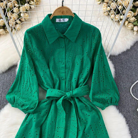 Paula Cotton Eyelet Midi Dress - close-up of bodice, green - Miss Mosa By Akanksha
