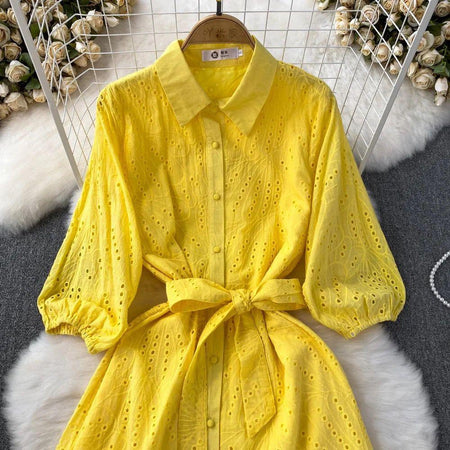 Paula Cotton Eyelet Midi Dress - close-up of bodice, yellow - Miss Mosa By Akanksha