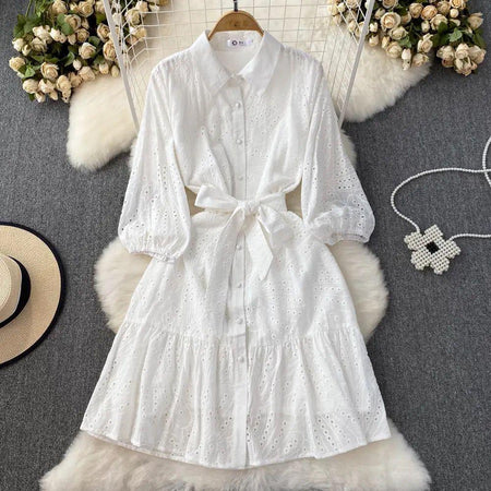 Paula Cotton Eyelet Midi Dress - styled flat-lay shot, white - Miss Mosa By Akanksha