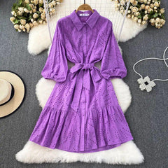 Paula Cotton Eyelet Midi Dress - styled flat-lay shot, purple - Miss Mosa By Akanksha