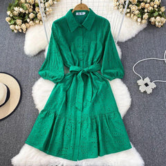 Paula Cotton Eyelet Midi Dress - styled flat-lay shot, green - Miss Mosa By Akanksha