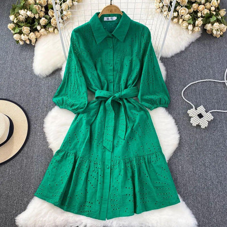 Paula Cotton Eyelet Midi Dress - styled flat-lay shot, green - Miss Mosa By Akanksha