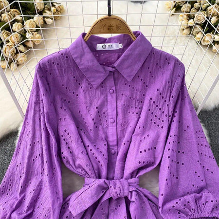 Paula Cotton Eyelet Midi Dress - close-up of bodice, purple - Miss Mosa By Akanksha