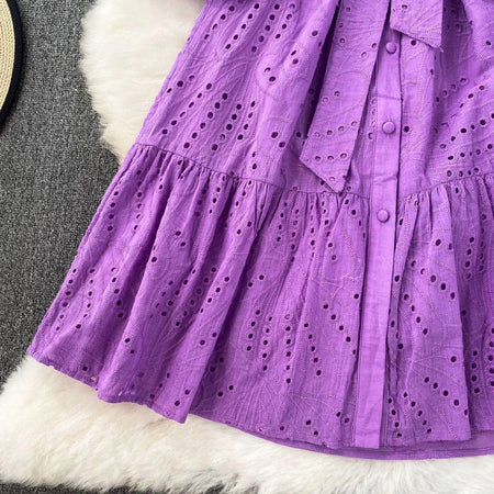 Paula Cotton Eyelet Midi Dress - close-up of skirt, purple - Miss Mosa By Akanksha