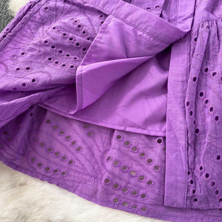 Paula Cotton Eyelet Midi Dress - close-up of eyelet detail, purple - Miss Mosa By Akanksha