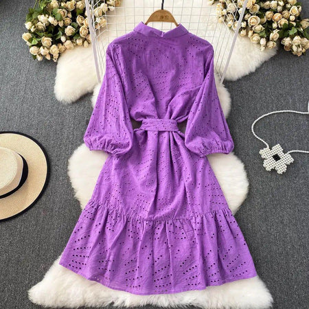 Paula Cotton Eyelet Midi Dress - styled flat-lay shot, purple - Miss Mosa By Akanksha