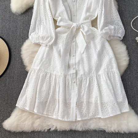 Paula Cotton Eyelet Midi Dress - styled flat-lay shot, white - Miss Mosa By Akanksha