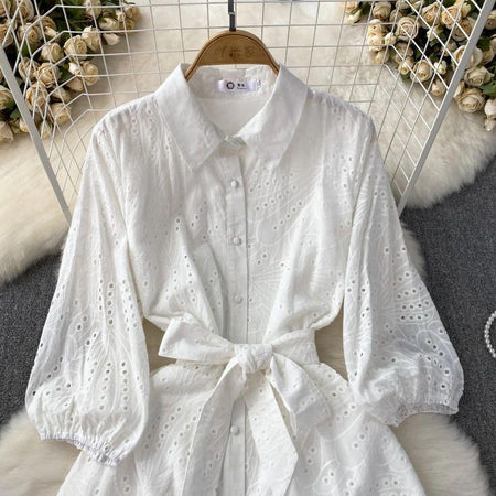 Paula Cotton Eyelet Midi Dress - close-up of bodice, white - Miss Mosa By Akanksha