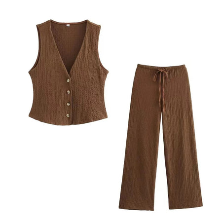 Peacon Summer Vest Coord Set - flat-lay shot of vest and trousers, brown - Miss Mosa By Akanksha