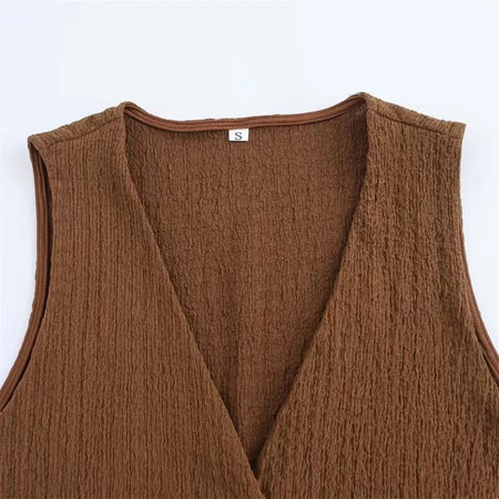 Peacon Summer Vest Coord Set - close-up of V-neck and label, brown - Miss Mosa By Akanksha