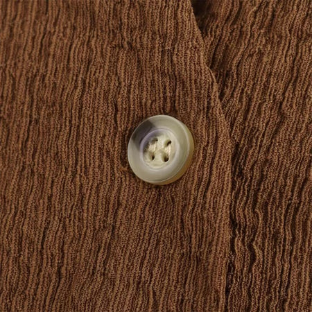 Peacon Summer Vest Coord Set - close-up of button detail, brown - Miss Mosa By Akanksha