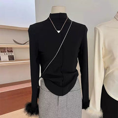 Penelope Statement Tops with Fur - front shot on mannequin, black - Miss Mosa By Akanksha