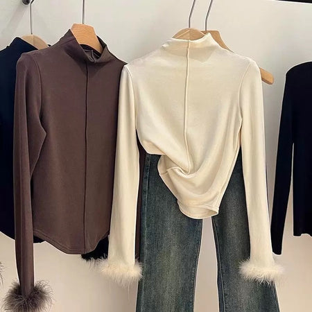 Penelope Statement Tops with Fur - front shot on hangers, cream - Miss Mosa By Akanksha