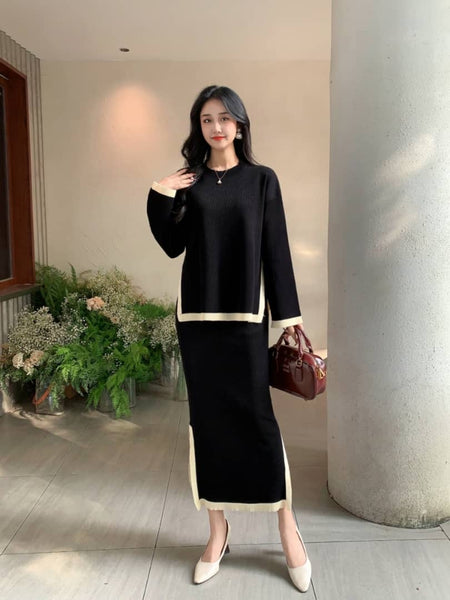 Penelope Winter Coord Set - Set of Sweater and Skirt - full-length front shot on model, black and cream - Miss Mosa By Akanksha
