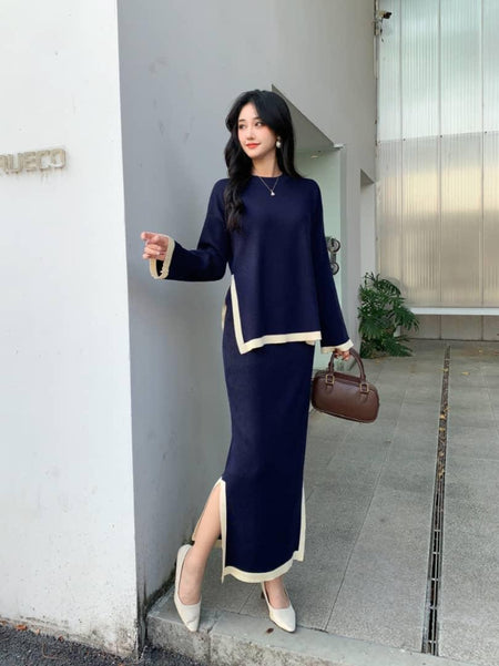 Penelope Winter Coord Set - Set of Sweater and Skirt - full-length front shot on model outdoors, navy and cream - Miss Mosa By Akanksha