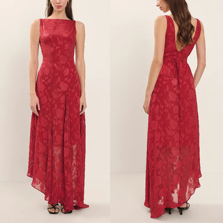 Peony Devore Maxi Dress In Red - front and back shot on model - Miss Mosa By Akanksha