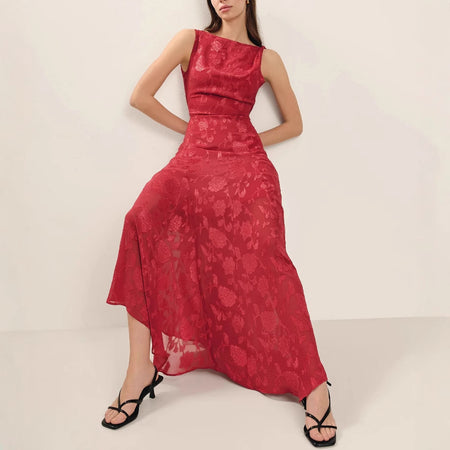 Peony Devore Maxi Dress In Red - front shot on model - Miss Mosa By Akanksha