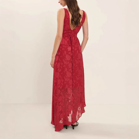 Peony Devore Maxi Dress In Red - back shot on model - Miss Mosa By Akanksha