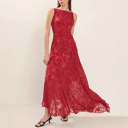 Peony Devore Maxi Dress In Red - front side shot on model - Miss Mosa By Akanksha