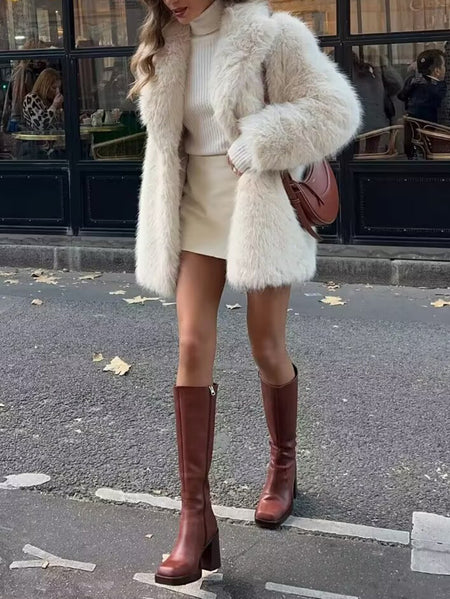Perrine Winter Fur Jacket - full-length shot on model, off-white - Miss Mosa By Akanksha