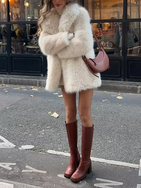 Perrine Winter Fur Jacket - front shot on model, off-white - Miss Mosa By Akanksha