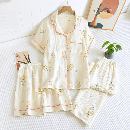 Perry Cotton Nightsuit-Set Of 3 In Beige - flat-lay product shot of three-piece nightsuit - Miss Mosa By Akanksha