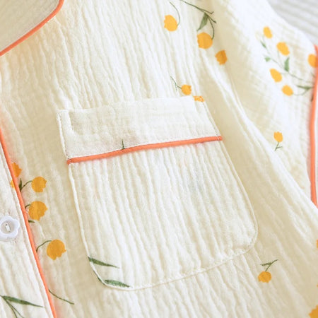 Perry Cotton Nightsuit-Set Of 3 In Beige - close-up of chest pocket detail - Miss Mosa By Akanksha