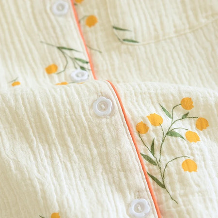 Perry Cotton Nightsuit-Set Of 3 In Beige - close-up of button placket and print detail - Miss Mosa By Akanksha
