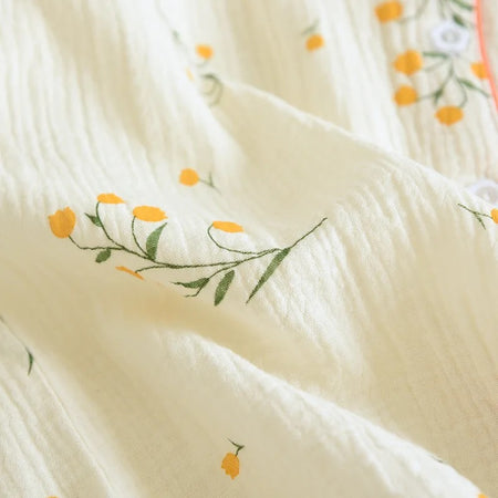 Perry Cotton Nightsuit-Set Of 3 In Beige - close-up of floral print fabric detail - Miss Mosa By Akanksha