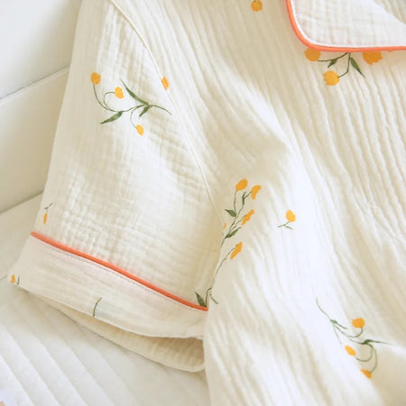 Perry Cotton Nightsuit-Set Of 3 In Beige - close-up of sleeve and piping detail - Miss Mosa By Akanksha