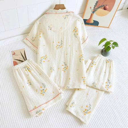 Perry Cotton Nightsuit-Set Of 3 In Beige - flat-lay product shot of top, shorts and trousers - Miss Mosa By Akanksha