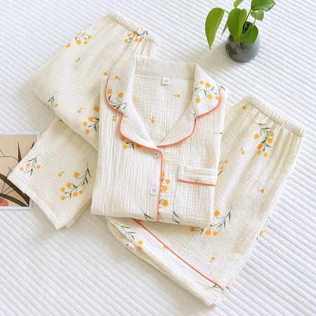 Perry Cotton Nightsuit-Set Of 3 In Beige - flat-lay product shot of top and trousers - Miss Mosa By Akanksha