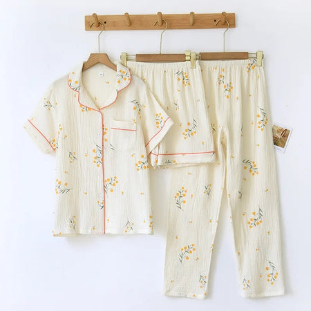 Perry Cotton Nightsuit-Set Of 3 In Beige - flat-lay product shot of top and trousers on hangers - Miss Mosa By Akanksha
