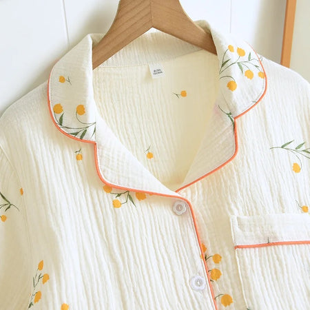 Perry Cotton Nightsuit-Set Of 3 In Beige - close-up of collar detail on hanger - Miss Mosa By Akanksha