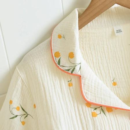 Perry Cotton Nightsuit-Set Of 3 In Beige - close-up of collar and piping detail - Miss Mosa By Akanksha