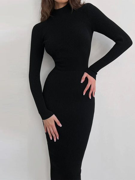 Perry High Neck Knitted Midi Dress - flat-lay product shot, black - Miss Mosa By Akanksha