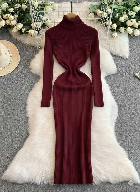 Perry High Neck Knitted Midi Dress - full-length shot on seated model, burgundy - Miss Mosa By Akanksha