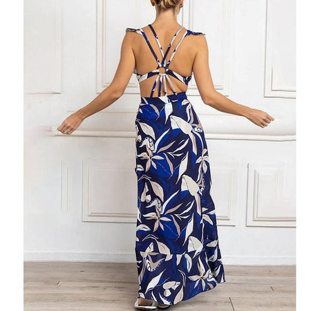 Persian Ruffled Swimsuit With Sarong In Navy Blue - back shot on model - Miss Mosa By Akanksha