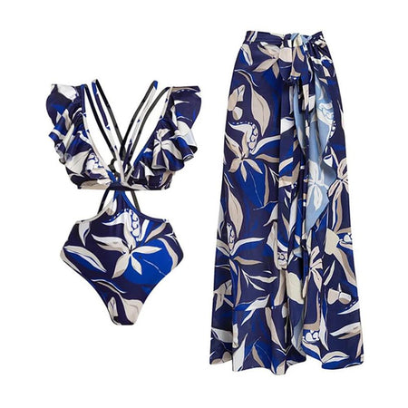 Persian Ruffled Swimsuit With Sarong In Navy Blue - flat-lay product shot of swimsuit and sarong - Miss Mosa By Akanksha
