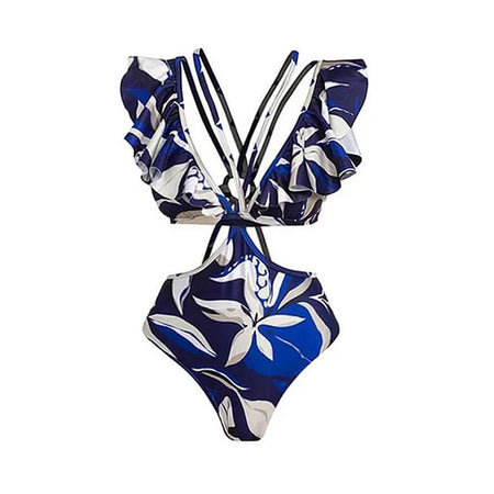 Persian Ruffled Swimsuit With Sarong In Navy Blue - flat-lay product shot of swimsuit - Miss Mosa By Akanksha