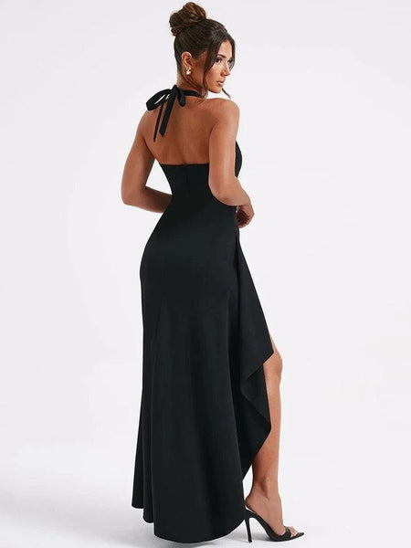 Picador Bodycon Halterneck Maxi Dress - back shot on model, black - Miss Mosa By Akanksha