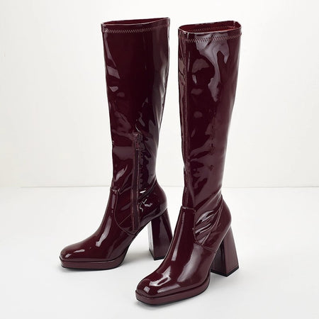 Piera Knee High Block Leather Boots - three-quarter shot, burgundy - Miss Mosa By Akanksha