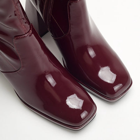 Piera Knee High Block Leather Boots - close-up shot, burgundy - Miss Mosa By Akanksha