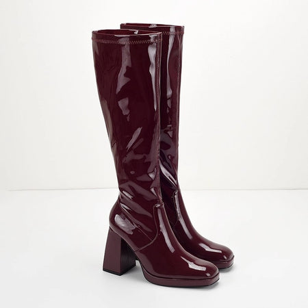 Piera Knee High Block Leather Boots - front shot, burgundy - Miss Mosa By Akanksha
