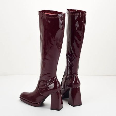 Piera Knee High Block Leather Boots - back shot, burgundy - Miss Mosa By Akanksha