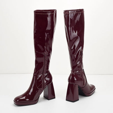 Piera Knee High Block Leather Boots - front shot, burgundy - Miss Mosa By Akanksha