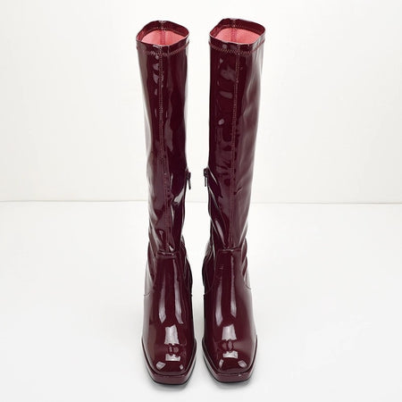 Piera Knee High Block Leather Boots - front shot, burgundy - Miss Mosa By Akanksha