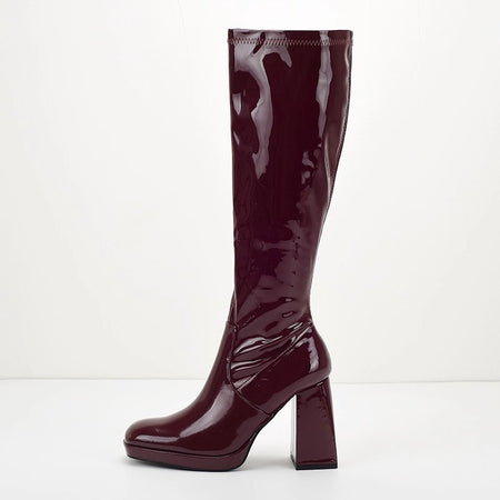 Piera Knee High Block Leather Boots - side shot, burgundy - Miss Mosa By Akanksha